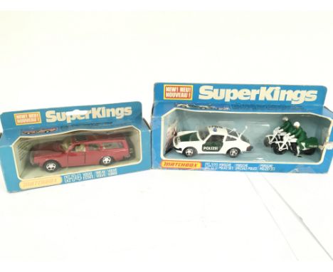 A Boxed Matchbox Porsche Police Set #K-17 and a Volvo Estate #K-74. Boxes are Worn.