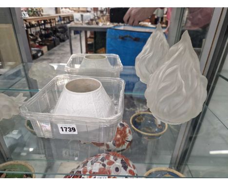 A lithophane light shade, a frosted glass flame light shade and a glass bunch of grapes