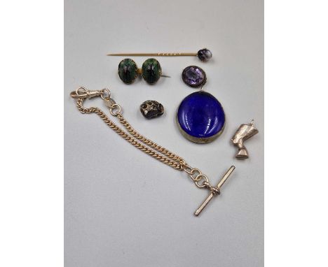 A hallmarked silver Albert bracelet with t-bar, an antique double scarab beetle brooch, a gold stick pin unhallmarked, assess