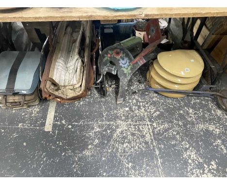 Two vintage electric fires, a scooter, a pram, cricket pads, typewriters, etc