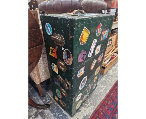 A vintage metal bound wood cabin trunk. w 93 d 53 x h 31 cms. 