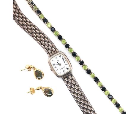 A pair of tear drop opal drop earrings, stamped 14k, assessed as 14ct gold, a Jean Pierre hallmarked silver watch, and a silv