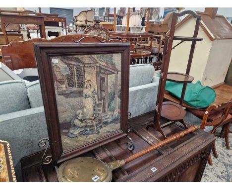 A Victorian brass bed warming pan, a three tier cake stand and a firescreen.