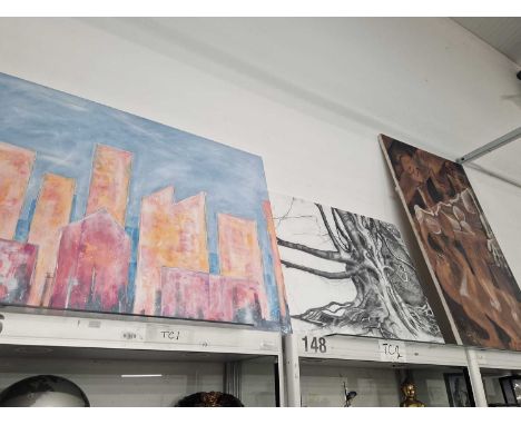 Three abstract oil paintings of skyscrapers, figures and a tree trunk