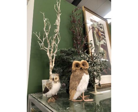 Four ornamental table top trees together with two model owls
