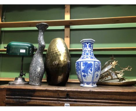 A students table lamp, a ceiling lantern, a mirrored vase, another gilt and a leaf shaped dish