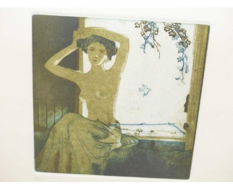 Ramon Pujol Boira (1904-2019), ARR. nude seated by a window, a pencil-signed coloured etching, 21/25.   19.5 x 19.5cms