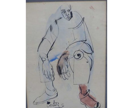 20th century school, portrait of a seated man, indistinctly signed Coubey(?), ink and wash, 31.5 x 46cm.
