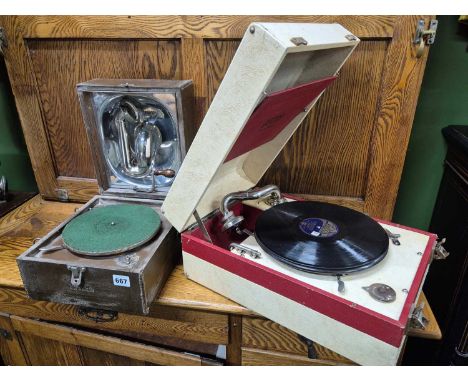 Portable gramophone: a Decca Style 2 portable gramophone, in brown Fibrocite case, and a Decca white leatherette cased portab