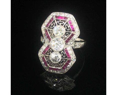 An Art-deco style double hexagon certified ring set with 1.00 cts of old European-cut diamonds and 0.40 ct step-cut rubies. R