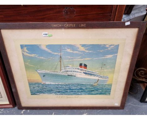 A vintage Union Castle line advertising poster print in original frame.