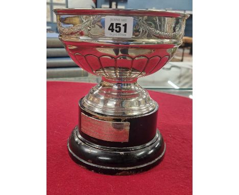 An L &amp; Y railway athletics silver trophy bowl and wood stand, Birmingham hall marks worn, the presentation plaque on the 