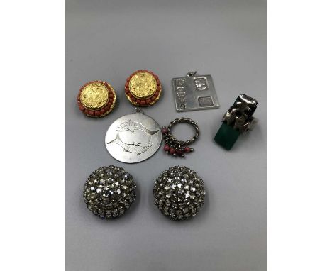 A pair of vintage signed Paris House Ltd London rhinestone clip-on earrings, a pair of Florenza clip-on costume earrings, a s