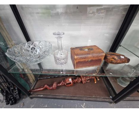 A decanter, a large glass bowl, a wooden bird and a leather covered jewellery box