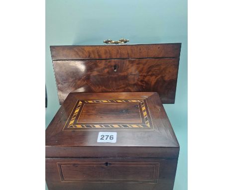 A mahogany two-canister tea caddy with ebony line edges together with a yew wood stationery box, the lid with a barber's pole