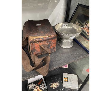 A framed Chinese silk embroidery, a pewter bowl and a cased gas mask