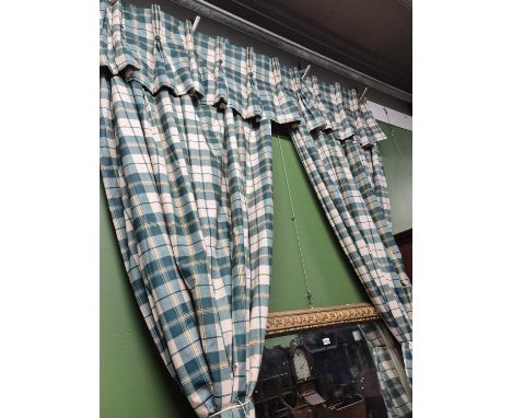 A pair of green chequered cream interlined curtains with pelmet