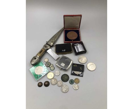 A Kindjal dagger, a Dunhill lighter, a Ronsen example, and a small collection of coins etc. 