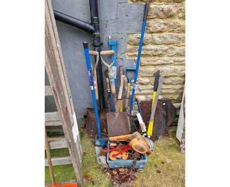 A qty of tools to include a pick-axe, a hoist, sash clamps etc.