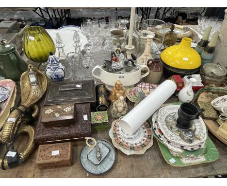 A gilt snake form wall light, decanters, a vintage tin and other boxes, a water filter, an Imari fan shaped dish, decorative 