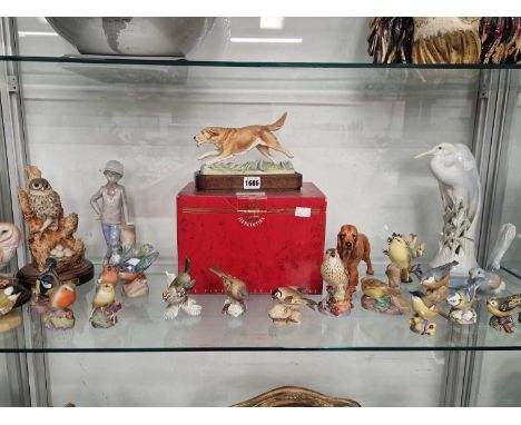 A collection of Royal Worcester and other porcelain birds, a boxed Worcester golden retriever, a Doulton spaniel, etc.