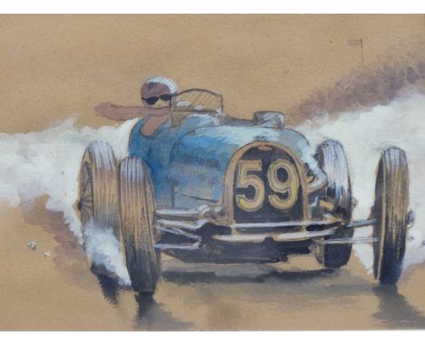 Delbar?? ( early 20th century) A Bugatti racing at speed. watercolour &amp; gouache. signed indistinctly. 26 x 16 cm
