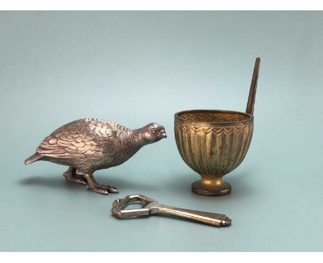A silver model of a grouse by Comyns, London, 1972, a silver crown top bottle opener, London 1972, together with a 900 silver