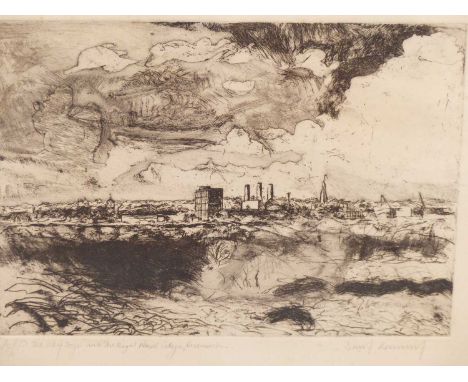 David Risk Kennard. (b1959) The isle of dogs and the Royal Marine Naval college, Greenwich. - Artist proof etching, signed an