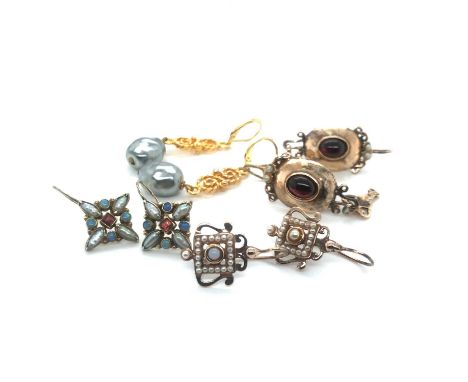 Three pairs of vintage-style stone set earrings and a further pair of costume pearl drop earrings. Stamped 925, two pairs wit