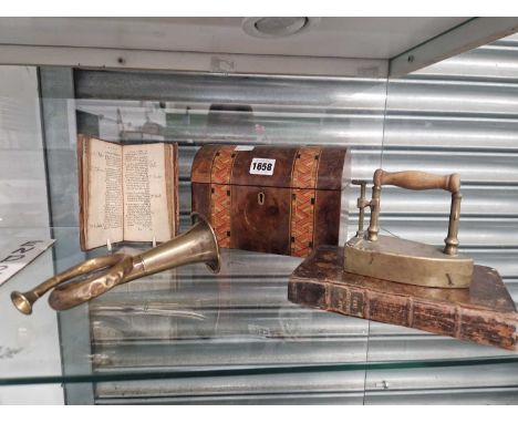 Books: a 1735 List of the Lords, a 1689 Law of Parliament, a Tonbridge ware tea caddy, a brass clothes iron and a brass hunti