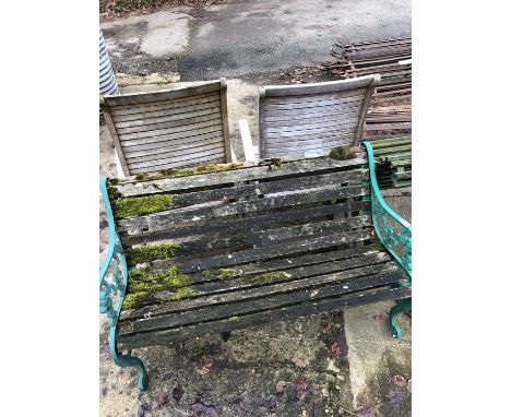 A garden bench with cast metal ends for restoration. H 76 W 127 D 67cm