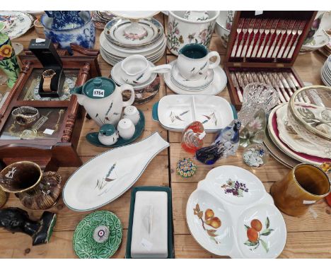 A wall clock Denby wares, a canteen of mother of pearl handled fruit knives and forks, glass paperweights, wristwatches, etc