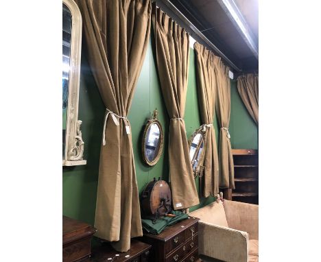 Six drops of interlined brown silk curtains 245 x 210cms approximately