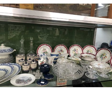 A Paris porcelain flower painted dessert service, dessert glass ware, Birchwood dinner wares, Denby serving dishes, etc