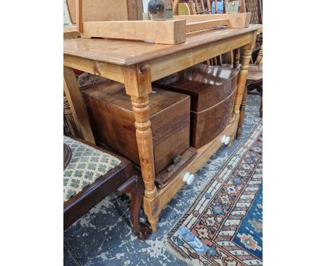 An antique pine washstand with drawer to the undertier, a black box record player and a sewing machine (3)