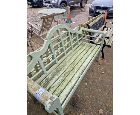 A painted teak garden bench of Lutyens-influenced design. 110x166x60cm
