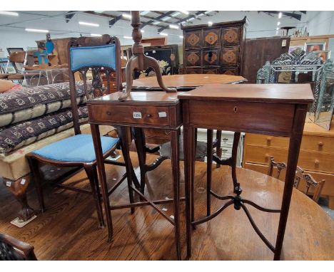Two Georgian mahogany single drawer occasional tables, a tripod wine table and an Edwardian side chair. (4)