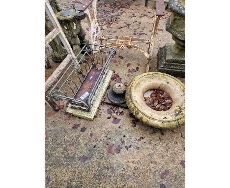 An antique large pottery terrace planter on plinth base and a wrought iron stand