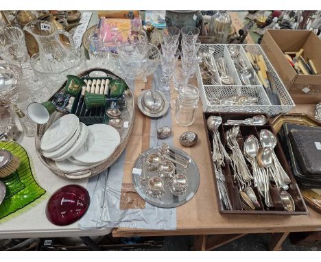 Electroplate cutlery and other electroplate, drinking glass, six Royal Copenhagen bisque roundels, a silver backed brush, etc