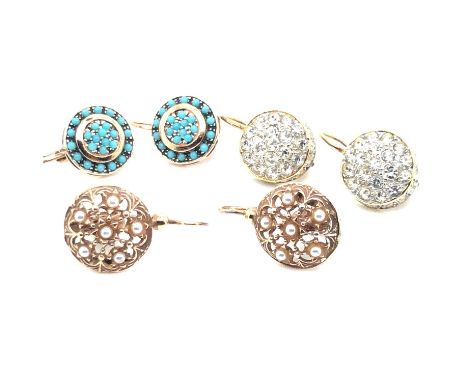 Three pairs of vintage-style stone set earrings. Two pairs Stamped 925 and indistinct signature assessed as silver gilt and a