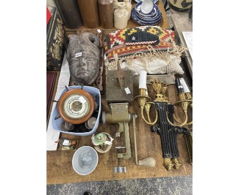 A pair of 2 branch wall lights, a carved wooden mask, textiles, a jeweller's anvil, an aneroid barometer, 2 Hummel figures, e