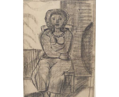 C. ***** ( 20th Century) Abstract portrait of a seated girl. Black chalks. signed indistinctly and dated '47. 28 x 45 cm.