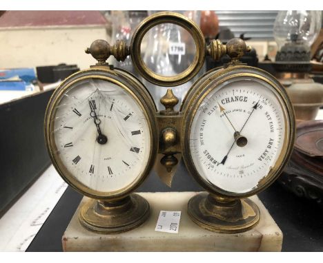 A combined clock and aneroid barometer, glass table mats, Chinese wood vase stands, etc.