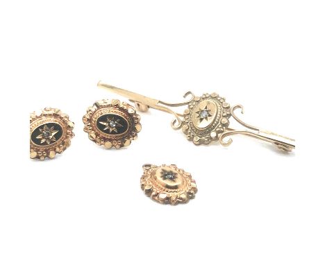 A pair of vintage Victorian style unhallmarked 9ct gold and diamond set stud earrings, a matching pendant and a later bar bro