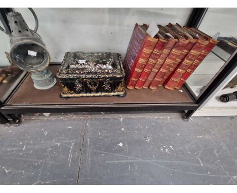 A papier mache inlaid with mother of pearl box, an oil lantern and 7 19th century 'Punch' annuals