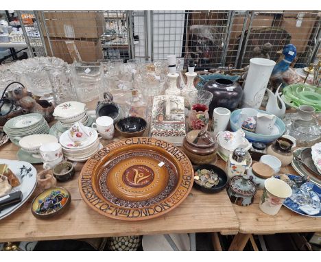 Exotic shells, a clock, decorative ceramics and glass, Worcester Spode and other part tea and dinner sets, etc