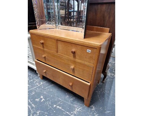 A mid 20th century oak chest of 2 short and 2 long drawers together with a metal trunk. H 88 to top of backstop W 92 D 52cms