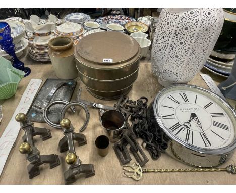 Bras and iron fire dogs, a wall clock, a candle lantern, a brass 3-tier box. etc.
