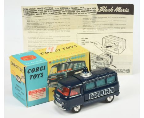 Corgi Toys 464 Commer "Police" Van - Blue body. red interior, battery operated roof light, silver trim and spun hubs - Good P