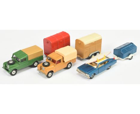 Corgi Toys unboxed group to include - (1) Land Rover - Green, tan tinplate canopy with Red horse box, (2) Land Rover - Tan, c
